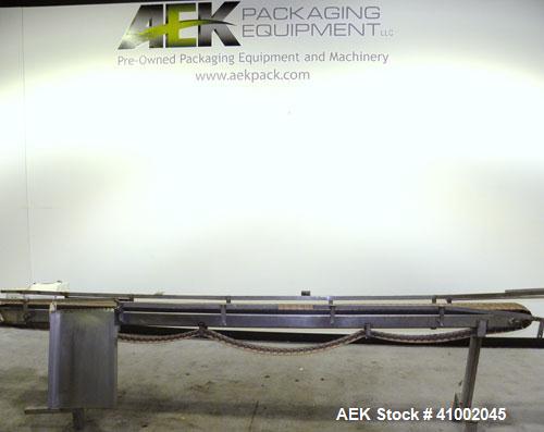 Used Plastic Belt Conveyor. 4" wide x 124" long belt. Driven by a 1/2 hp, 3/60/208-230/460 volt, 1725 rpm gearmotor, ratio 15 to 1. Mounted on a stainless steel frame and legs.