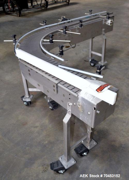 Used Table Top 90 Degree Belt Conveyor. Approximate 8" wide x 32" long into a 90 degree x 18" long belt. Has motor, and controller. Mounted on a stainless steel frame. SELLING PRICE, AS IS, WHERE IS,