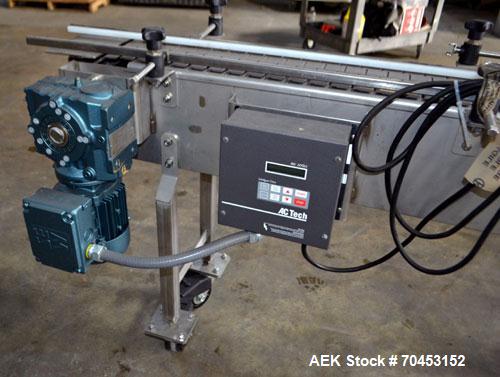 Used Table Top 90 Degree Belt Conveyor. Approximate 8" wide x 32" long into a 90 degree x 18" long belt. Has motor, and controller. Mounted on a stainless steel frame. SELLING PRICE, AS IS, WHERE IS,