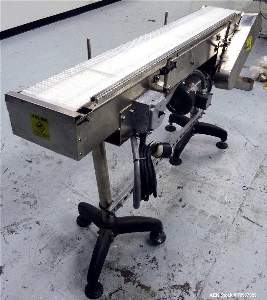 Used Packaging Dynamics Model PC-KVP5 Conveyor. Has 58" long x 8" wide Belt. Mounted on adjustable legs. Stainless steel construction.