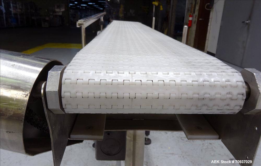 Used Packaging Dynamics Model PC-KVP5 Conveyor. Has 58" long x 8" wide Belt. Mounted on adjustable legs. Stainless steel construction.