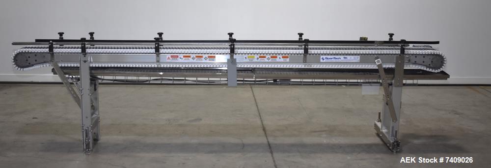 Used- SpanTech MultiSpan Conveyor. Approximate 8-1/2" wide x 144" long. Mounted on adjustable height legs. Project # 1104860...