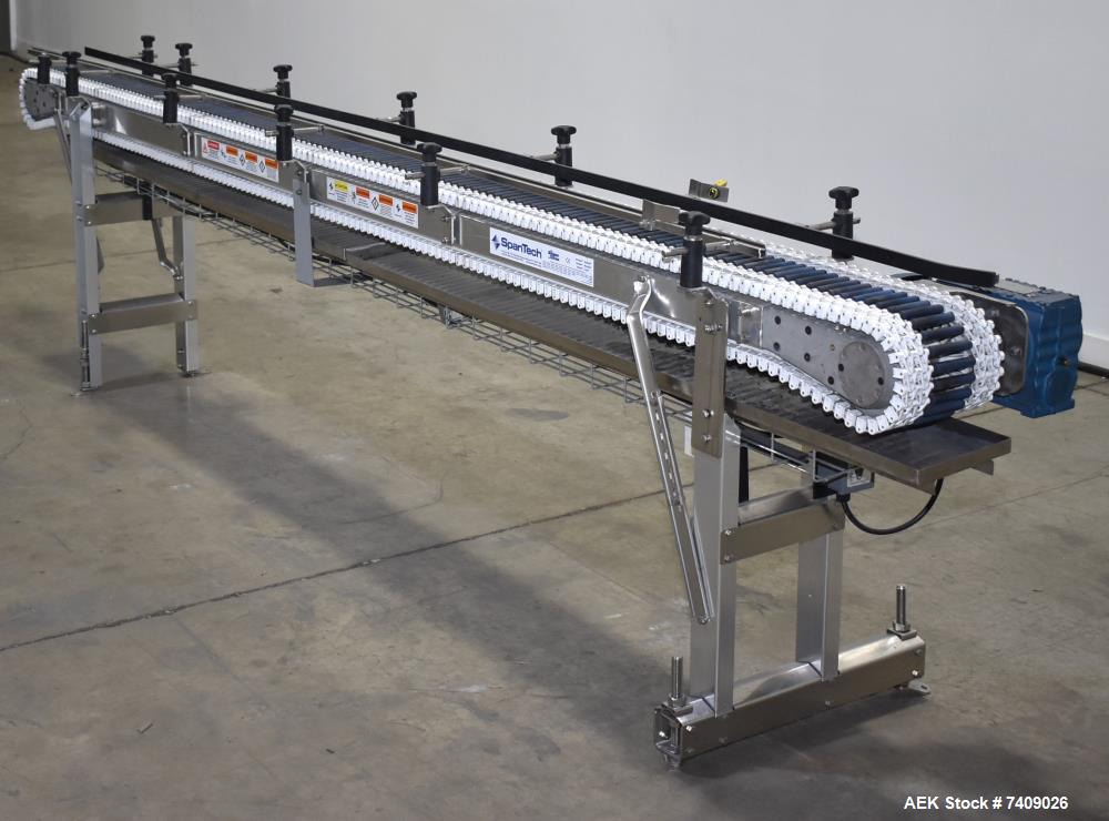 Used- SpanTech MultiSpan Conveyor. Approximate 8-1/2" wide x 144" long. Mounted on adjustable height legs. Project # 1104860...
