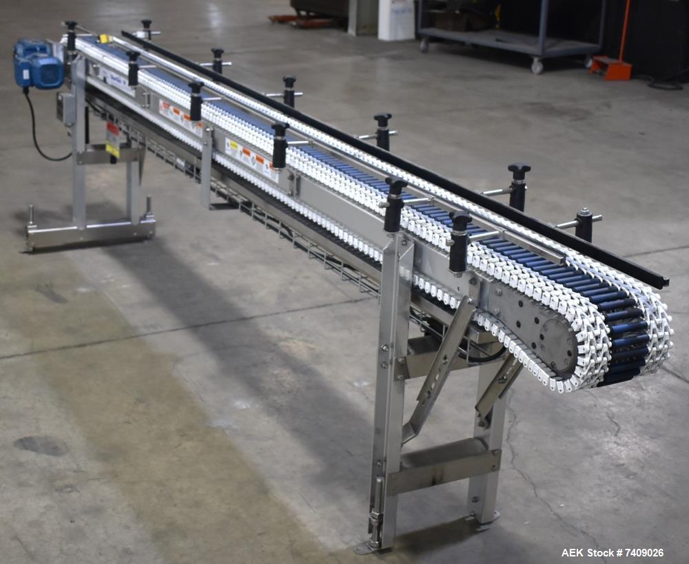 Used- SpanTech MultiSpan Conveyor. Approximate 8-1/2" wide x 144" long. Mounted on adjustable height legs. Project # 1104860...