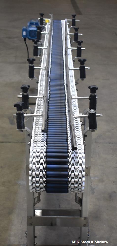 Used- SpanTech MultiSpan Conveyor. Approximate 8-1/2" wide x 144" long. Mounted on adjustable height legs. Project # 1104860...