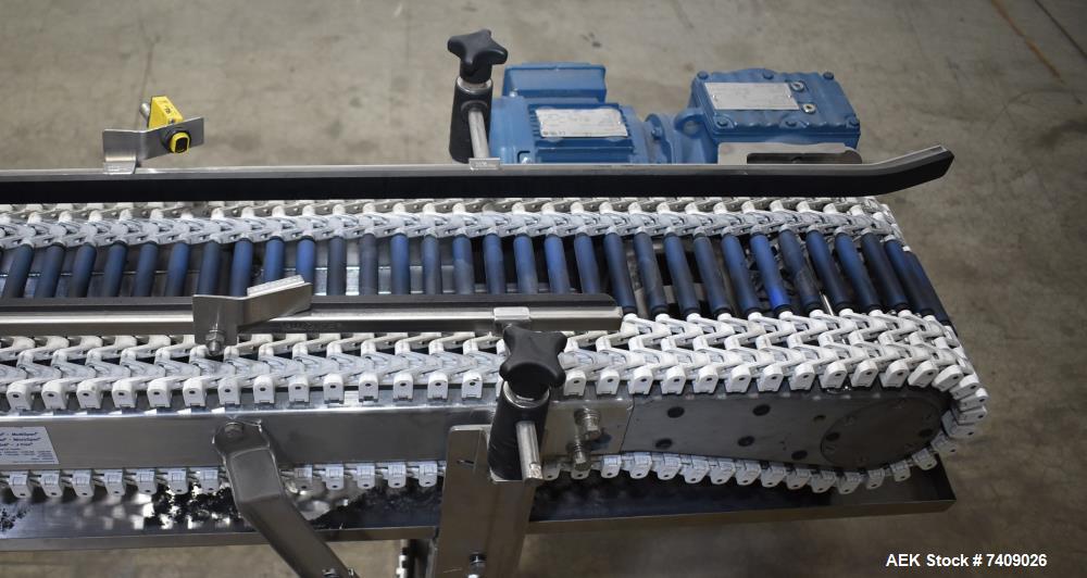 Used- SpanTech MultiSpan Conveyor. Approximate 8-1/2" wide x 144" long. Mounted on adjustable height legs. Project # 1104860...