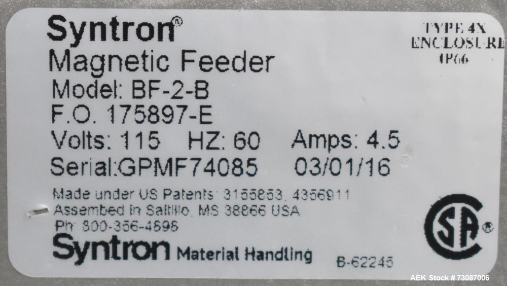 Syntron Model BF-2-B Magnetic Feeder with Infeed Hopper