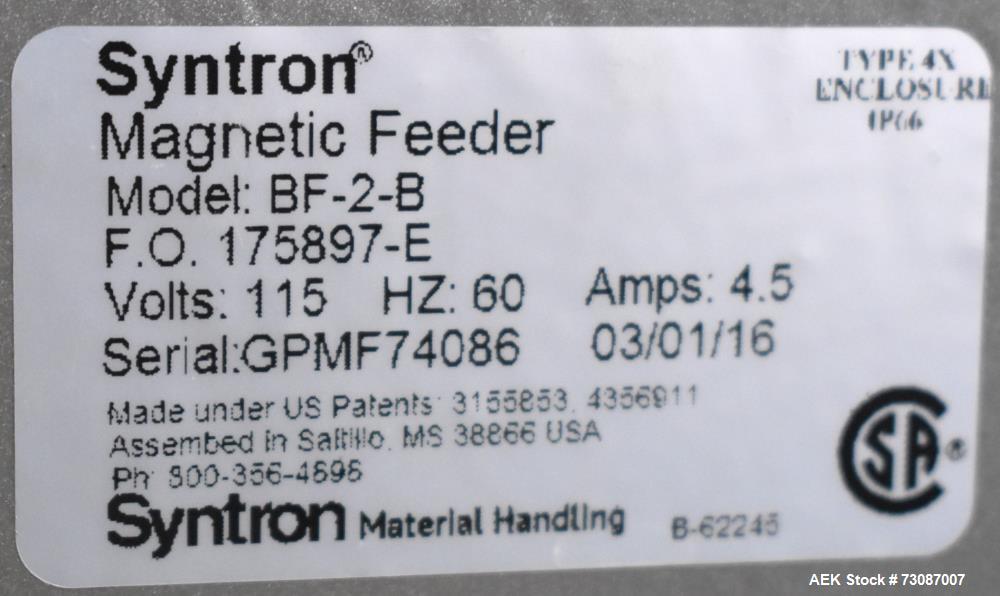 Syntron Model BF-2-B Magnetic Feeder with Infeed Hopper