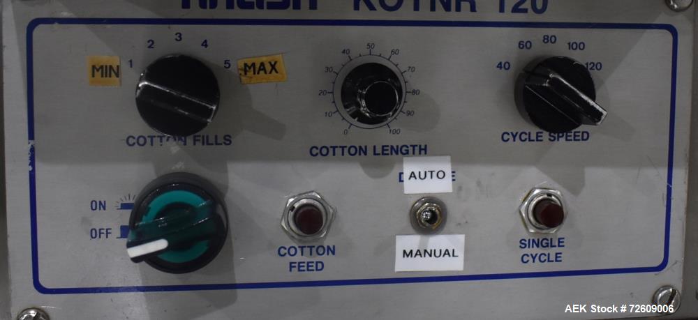 Used- Kalish "Kotnr 120" Automatic Cotton Inserter Model 8440. Rated up to 120 bottles per minute. Cotton length: 5 - 22 cm ...