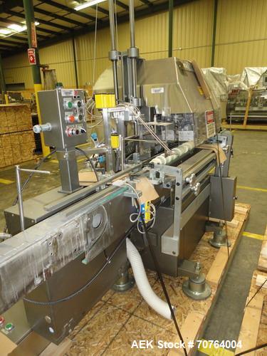 Used Lakso Model 71 Automatic Twin Head Cottoner capable of speeds up to 200 bottles per minute. Has 28" x 3-1/4" screw infeed. Can use natural or synthetic cotton up to 26 grams in inverted "U" conf...
