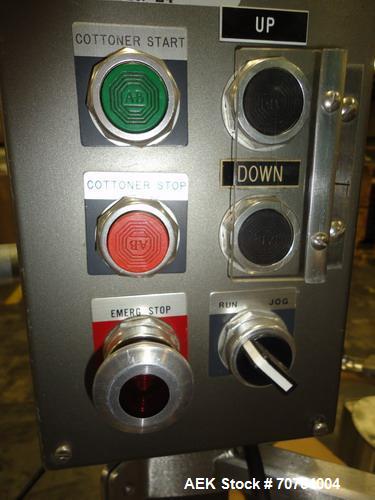 Used Lakso Model 71 Automatic Twin Head Cottoner capable of speeds up to 200 bottles per minute. Has 28" x 3-1/4" screw infeed. Can use natural or synthetic cotton up to 26 grams in inverted "U" conf...