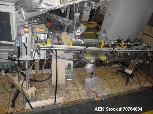 Used Lakso Model 71 Automatic Twin Head Cottoner capable of speeds up to 200 bottles per minute. Has 28" x 3-1/4" screw infeed. Can use natural or synthetic cotton up to 26 grams in inverted "U" conf...