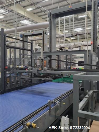 Used ABC Model 108 Automatic Bulk Depalletizer, sweep-off design. Heavy duty main frame with counter weighted elevator. Elevator vertical motion frequency driven with top of pallet sensor and encoder...