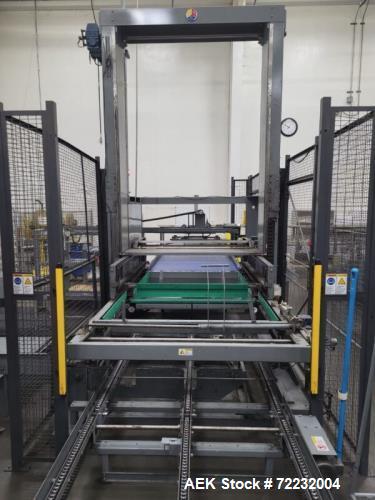 Used ABC Model 108 Automatic Bulk Depalletizer, sweep-off design. Heavy duty main frame with counter weighted elevator. Elevator vertical motion frequency driven with top of pallet sensor and encoder...