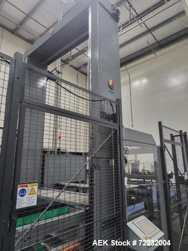Used ABC Model 108 Automatic Bulk Depalletizer, sweep-off design. Heavy duty main frame with counter weighted elevator. Elevator vertical motion frequency driven with top of pallet sensor and encoder...