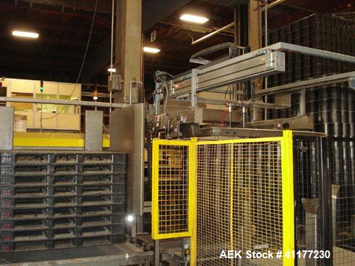 Used I & H (Goldco) Low Level Bulk Depalletizer, Model 1002. Includes pallet stacker for 44" x 56" pallets. Includes 12' long stainless steel discharge table with plastic belting. Allen Bradley contr...