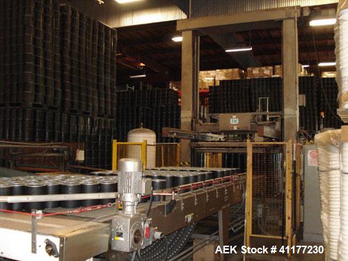 Used I & H (Goldco) Low Level Bulk Depalletizer, Model 1002. Includes pallet stacker for 44" x 56" pallets. Includes 12' long stainless steel discharge table with plastic belting. Allen Bradley contr...