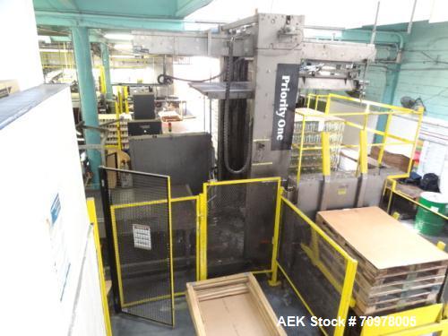 Used Priority One Low-level Bulk Depalletizer. Rated for glass or PET, 460 VAC 3 Phase 60 Hertz. Low-level container discharge, manual top-frame, stretch film and strap removal. Pallet stacker and sl...