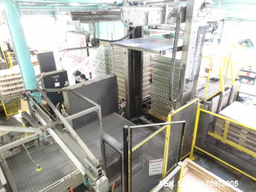 Used Priority One Low-level Bulk Depalletizer. Rated for glass or PET, 460 VAC 3 Phase 60 Hertz. Low-level container discharge, manual top-frame, stretch film and strap removal. Pallet stacker and sl...