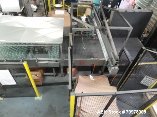 Used Priority One Low-level Bulk Depalletizer. Rated for glass or PET, 460 VAC 3 Phase 60 Hertz. Low-level container discharge, manual top-frame, stretch film and strap removal. Pallet stacker and sl...