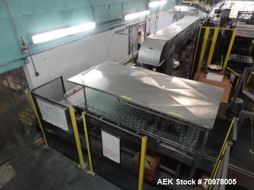 Used Priority One Low-level Bulk Depalletizer. Rated for glass or PET, 460 VAC 3 Phase 60 Hertz. Low-level container discharge, manual top-frame, stretch film and strap removal. Pallet stacker and sl...