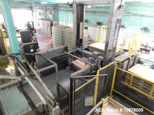 Used Priority One Low-level Bulk Depalletizer. Rated for glass or PET, 460 VAC 3 Phase 60 Hertz. Low-level container discharge, manual top-frame, stretch film and strap removal. Pallet stacker and sl...