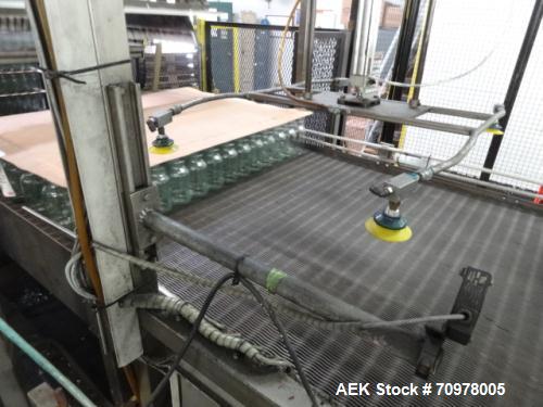 Used Priority One Low-level Bulk Depalletizer. Rated for glass or PET, 460 VAC 3 Phase 60 Hertz. Low-level container discharge, manual top-frame, stretch film and strap removal. Pallet stacker and sl...