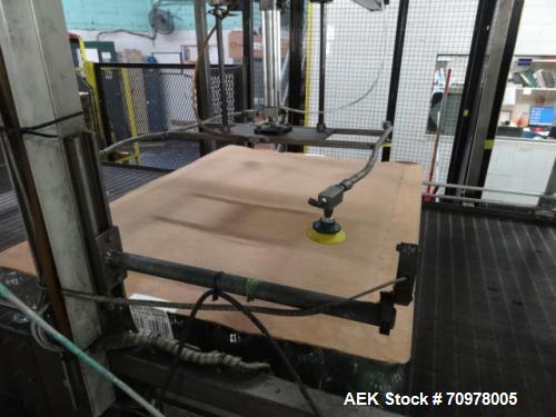 Used Priority One Low-level Bulk Depalletizer. Rated for glass or PET, 460 VAC 3 Phase 60 Hertz. Low-level container discharge, manual top-frame, stretch film and strap removal. Pallet stacker and sl...