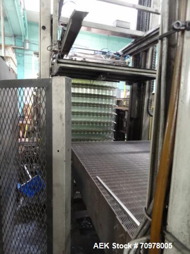 Used Priority One Low-level Bulk Depalletizer. Rated for glass or PET, 460 VAC 3 Phase 60 Hertz. Low-level container discharge, manual top-frame, stretch film and strap removal. Pallet stacker and sl...