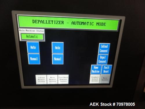 Used Priority One Low-level Bulk Depalletizer. Rated for glass or PET, 460 VAC 3 Phase 60 Hertz. Low-level container discharge, manual top-frame, stretch film and strap removal. Pallet stacker and sl...
