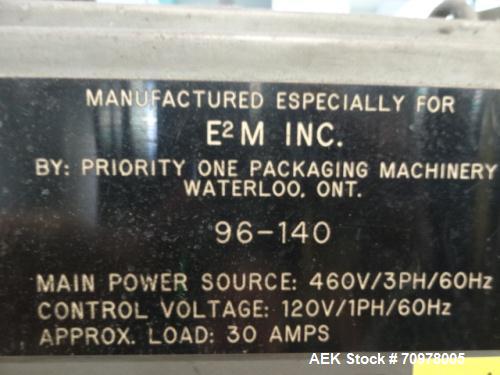 Used Priority One Low-level Bulk Depalletizer. Rated for glass or PET, 460 VAC 3 Phase 60 Hertz. Low-level container discharge, manual top-frame, stretch film and strap removal. Pallet stacker and sl...