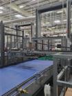 Used ABC Model 108 Automatic Bulk Depalletizer, sweep-off design. Heavy duty main frame with counter weighted elevator. Elevator vertical motion frequency driven with top of pallet sensor and encoder...