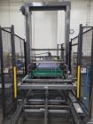 Used ABC Model 108 Automatic Bulk Depalletizer, sweep-off design. Heavy duty main frame with counter weighted elevator. Elevator vertical motion frequency driven with top of pallet sensor and encoder...