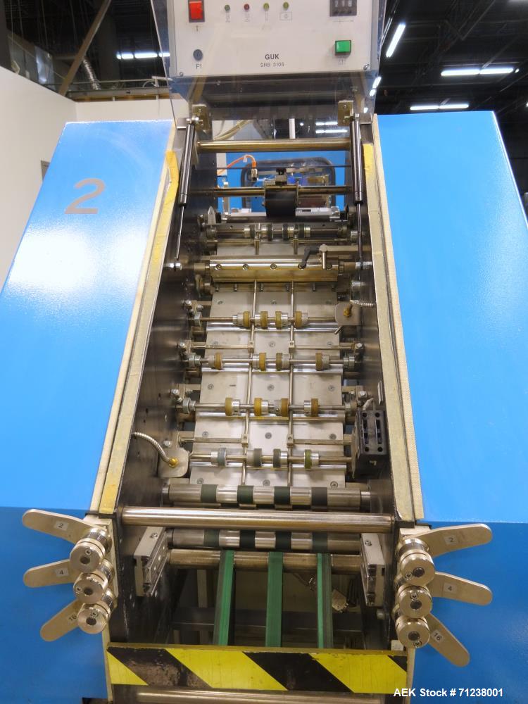 Used GUK Literature Feeder System, Type RS-42 / RS-21. Literature is roll fed, folded by the RS-42, cut and folded by the RS-21. Multiple folds possible.