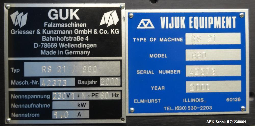 Used GUK Literature Feeder System, Type RS-42 / RS-21. Literature is roll fed, folded by the RS-42, cut and folded by the RS-21. Multiple folds possible.