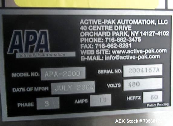 Used Active Pak Automation dessicant feeder, model APA2000, portable design, with infeed roll, 480 volt, 3 phase, serial# 2004167A, built 2004.