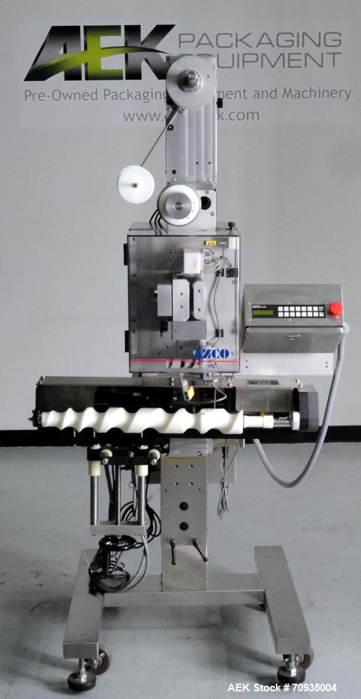Used AZCO model SP-110 Sur-Pak Desiccant pouch dispenser. Rated speeds up to 200 cuts/minute, depending on size of pouch. Designed for pre-made pouches with a size range:  up to 4" max web width, up ...
