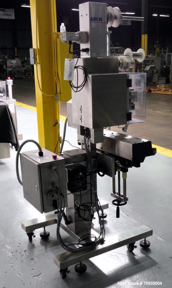 Used AZCO model SP-110 Sur-Pak Desiccant pouch dispenser. Rated speeds up to 200 cuts/minute, depending on size of pouch. Designed for pre-made pouches with a size range:  up to 4" max web width, up ...