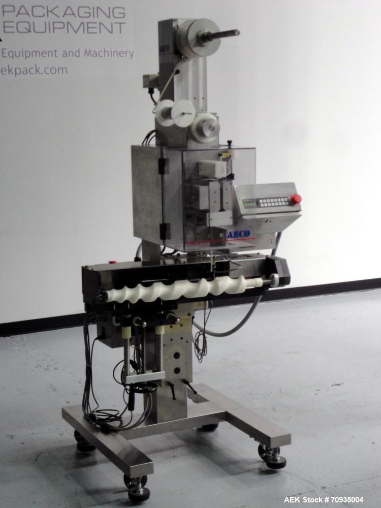 Used AZCO model SP-110 Sur-Pak Desiccant pouch dispenser. Rated speeds up to 200 cuts/minute, depending on size of pouch. Designed for pre-made pouches with a size range:  up to 4" max web width, up ...