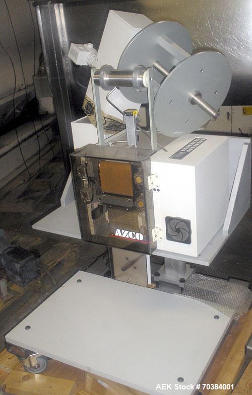 Used Azco SP 3D Dispenser. This dispenser handles pouches up to 3.5 inches wide and 3/8 inch thick at speeds up to 120 cuts per minute. It incorporates a guillotine cutter and uses compressed air to ...