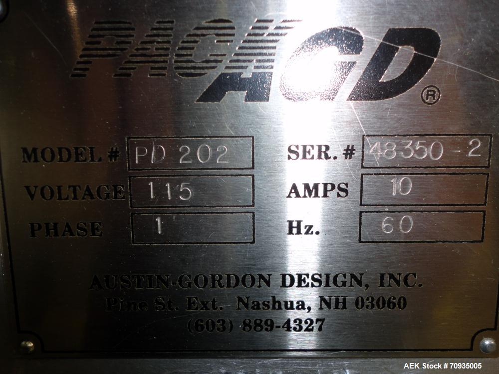 Used Austin Gordon Model PD-202 Desiccant / Pouch Feeder. Machine is rated at speeds up to 245 ppm, depending on size of pouch. Designed for pre-made pouches with a size range: Length 3/4" - 3 1/2", ...