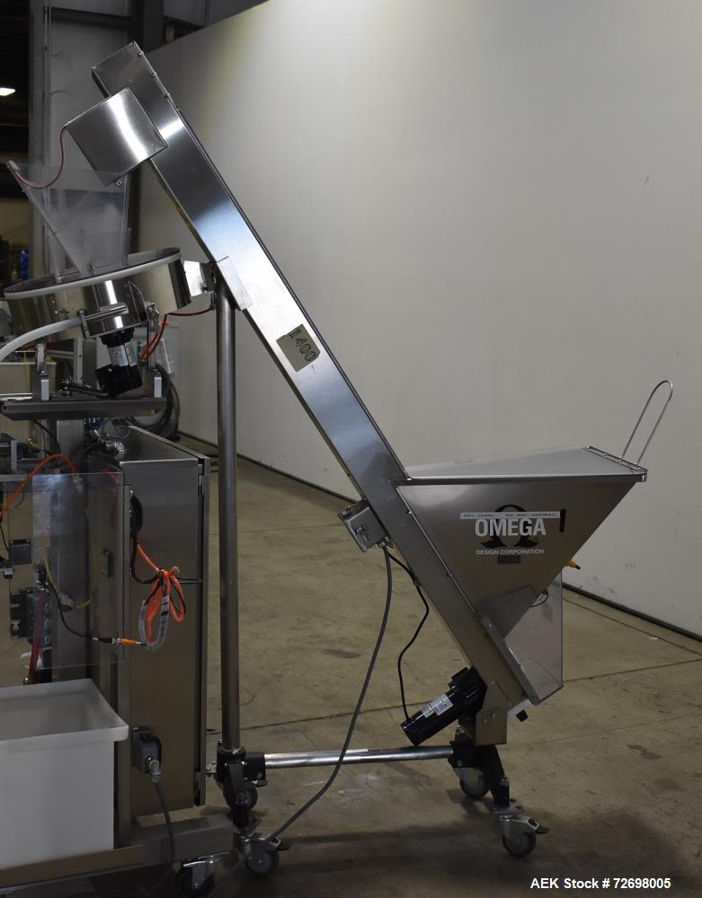 Used Omega Design Model CDFS-1.501 Canister Desiccant Feeder With Shuttle Dispenser. Machine is capable of speeds up to 400 bottles per minute (single-drop) and 300 bottles per minute (double-drop). ...