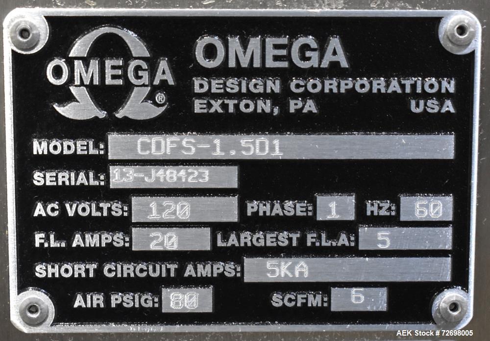 Used Omega Design Model CDFS-1.501 Canister Desiccant Feeder With Shuttle Dispenser. Machine is capable of speeds up to 400 bottles per minute (single-drop) and 300 bottles per minute (double-drop). ...