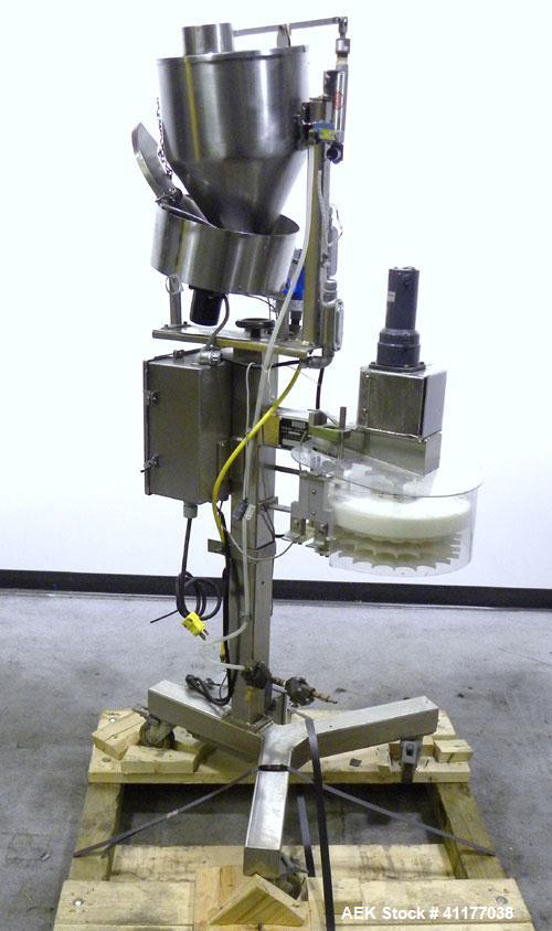 Used Omega Design Desiccant Feeder, Model DF-1. Capable of speeds up to 200 BPM. Continuous motion unit with star wheel indexing, can handle 1, 2 or 3 gram canisters with correct changeparts. Current...