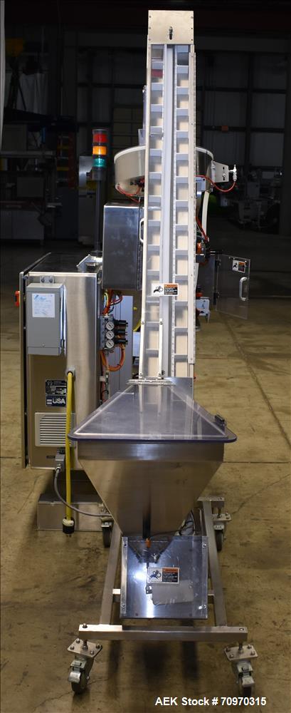 Used Omega Design Omni Feeder Combination Canister Desiccant Feeder. Capable of speeds up to 600 CPM (Single Drop) or 300 CPM (Double Drop). Servo operation, Allen Bradley PLC with integrated touch s...