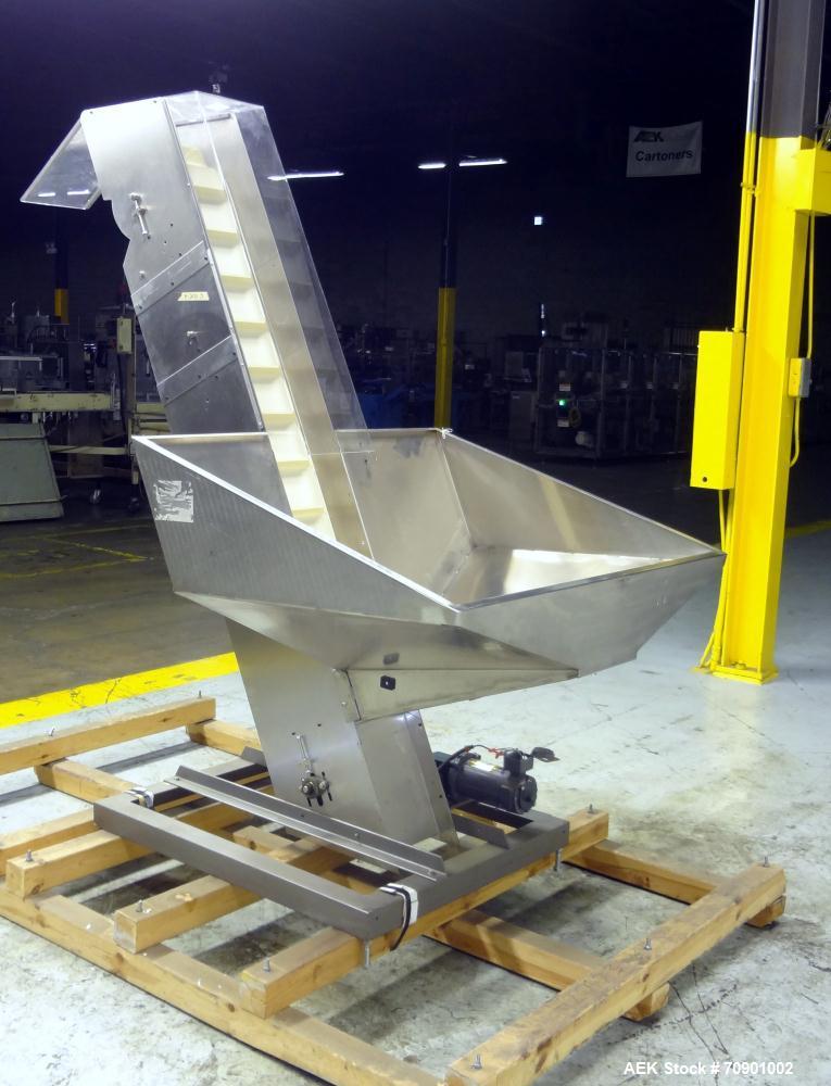 Used- Incline Cleated Belt Conveyor, 304 Stainless Steel. 10-3/4" Wide X 75" long belt, with 2" tall cleats spaced approxima...