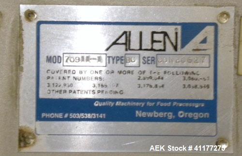 Used Allen Machinery Inclined "Z" Shaped Cleated Belt Conveyor, Type BC, model 70911-1. Rated to 5000 pounds an hour. Stainless steel frame. 18" wide x 4" tall cleated plastic belt on 8’’ centers. 60...