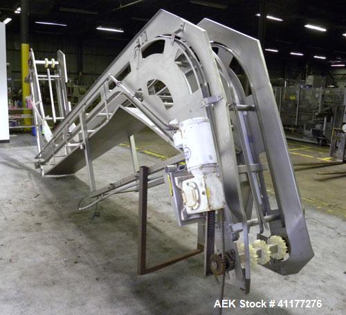 Used Allen Machinery Inclined "Z" Shaped Cleated BeltConveyor, Type BC, Model F7099-11. Rated to 5000 pounds an hour. Stainless steel frame. 18" wide x 4" tall cleated plastic belt on 8’’ centers. 60...