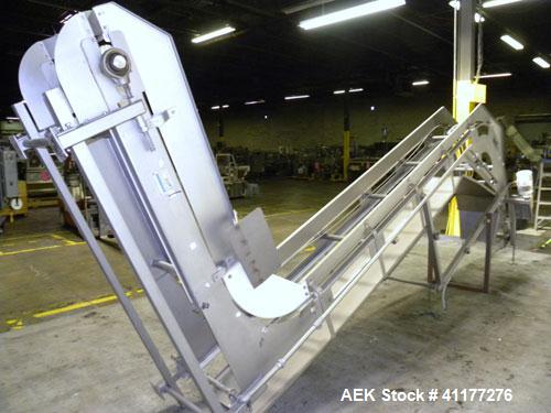 Used Allen Machinery Inclined "Z" Shaped Cleated BeltConveyor, Type BC, Model F7099-11. Rated to 5000 pounds an hour. Stainless steel frame. 18" wide x 4" tall cleated plastic belt on 8’’ centers. 60...