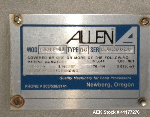 Used Allen Machinery Inclined "Z" Shaped Cleated BeltConveyor, Type BC, Model F7099-11. Rated to 5000 pounds an hour. Stainless steel frame. 18" wide x 4" tall cleated plastic belt on 8’’ centers. 60...